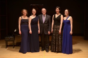 Peter Janzen with winners (l-r) Breanna Heinrichs, Anna Bigland-Pritchard, Deidra Borus, and Rebecca Klassen-Wiebe.