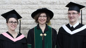 CMU President Cheryl Pauls (centre) with President Medal winners Rebecca Klassen-Wiebe (left) and Michael Wiebe (right)