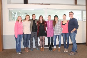 CMU students Rebecca Penner (from left), Erin Froese, Kelsey Wiebe, Edina-lil Preteau, Samantha Klassen, and Louisa Hofer pictured with singer-songwriter Steve Bell (far right) and Amy Knight (second from right). (photo credit: James Christian Imagery)