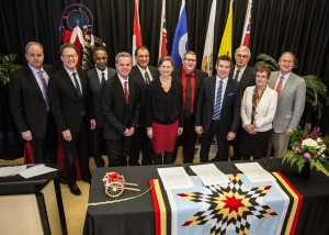 CMU President Cheryl Pauls (centre) with leaders of Manitoba’s universities, colleges, and Manitoba’s school boards photo: University of Manitoba 