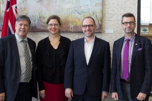 Ian Wishart, Manitoba's Minister of Education (left) and Doug Eyolfson, MP for Charleswood-St. James-Assiniboia-Headingley, announced the support of the provincial and federal governments for the Centre. President Cheryl Pauls says the Centre will support small enterprises working to make a positive impact in community & environment.