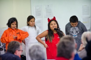 The Junior Chief and Junior Council members, dressed up for Halloween, spoke to the group in the community hall. They were shy but they welcomed the group and explained how they wish Freedom Road would get built.   (photo credit: James Christian Imagery)