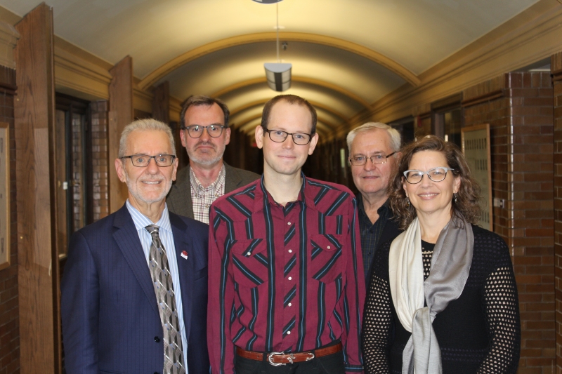 CMU donor Ted Fransen (from left) stands with Karl Koop, Director of the Graduate School of Theology and Ministry; Joshua Nightingale, graduate student at CMU; Abram Bergen, Development Associate; and Cheryl Pauls, President of CMU.