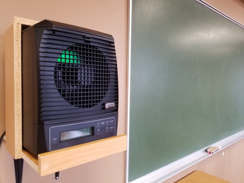 An additional layer of protection: one of many air purification units installed in CMU classrooms and throughout the university's on-campus residence buildings.