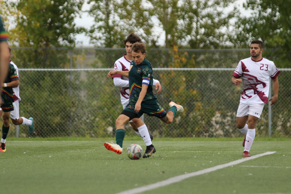 Victor Abreu takes aim during the Blazers' home match against the Assiniboine Cougars earlier in September