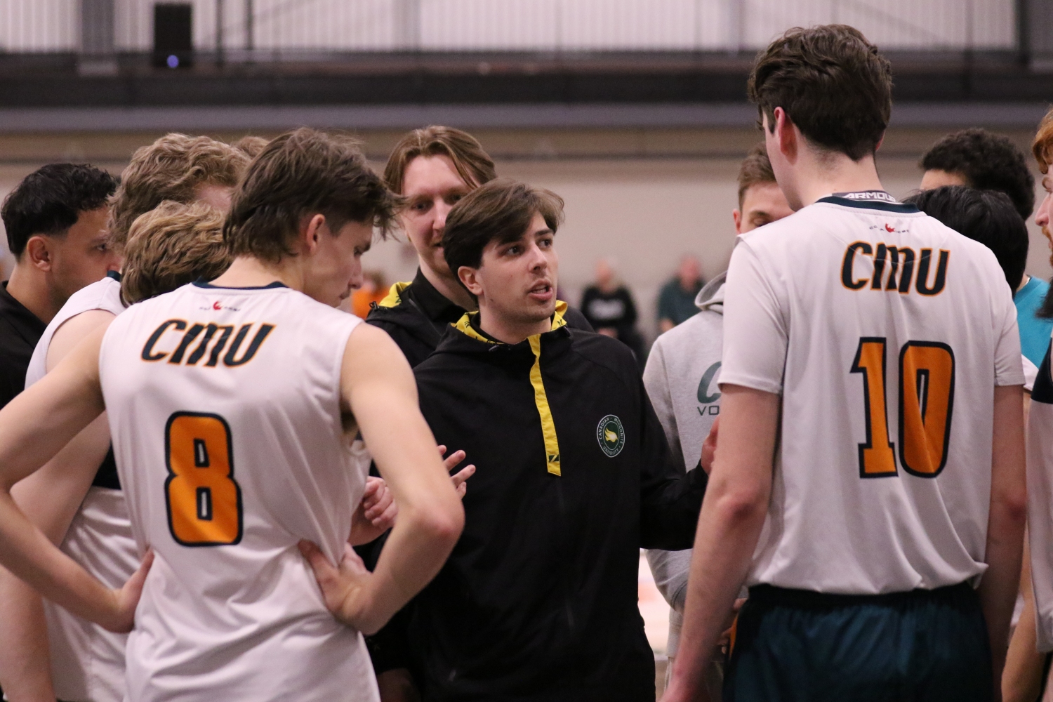 Tyrrell rallies the men's volleyball team during their second match at the 2025 CCAA Nationals Tyrrell rallies the men's volleyball team during their second match at the 2025 CCAA Nationals