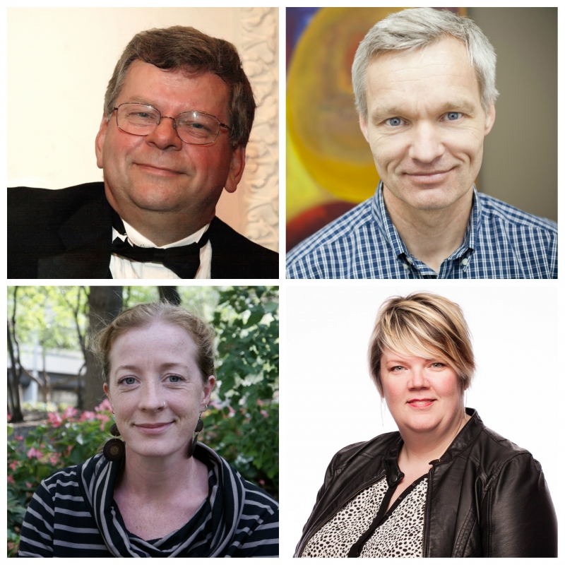 2018's Distinguished Alumni Award recipients (clockwise, from top-left): Dr. Leonard Ratzlaff, Brian Dyck, Christine Ens, and Heather Unger
