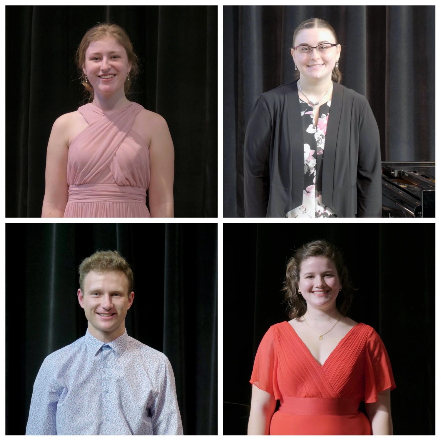 The 2021 Verna Mae Janzen Music Competition winners (clockwise from top-left): Johanna Klassen (voice), Georgeanne Van Helden (piano), Michelle Fast (voice), and Georg Neuhofer (piano)