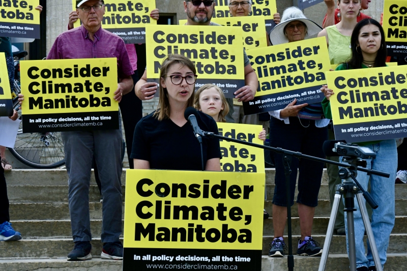 CMU alumna Bethany Daman speaks at the July 12 Consider Climate, Manitoba press conference at the Manitoba Legislature. The campaign's goal is to raise the matter of climate change as an topic in the upcoming 2023 Manitoba election.