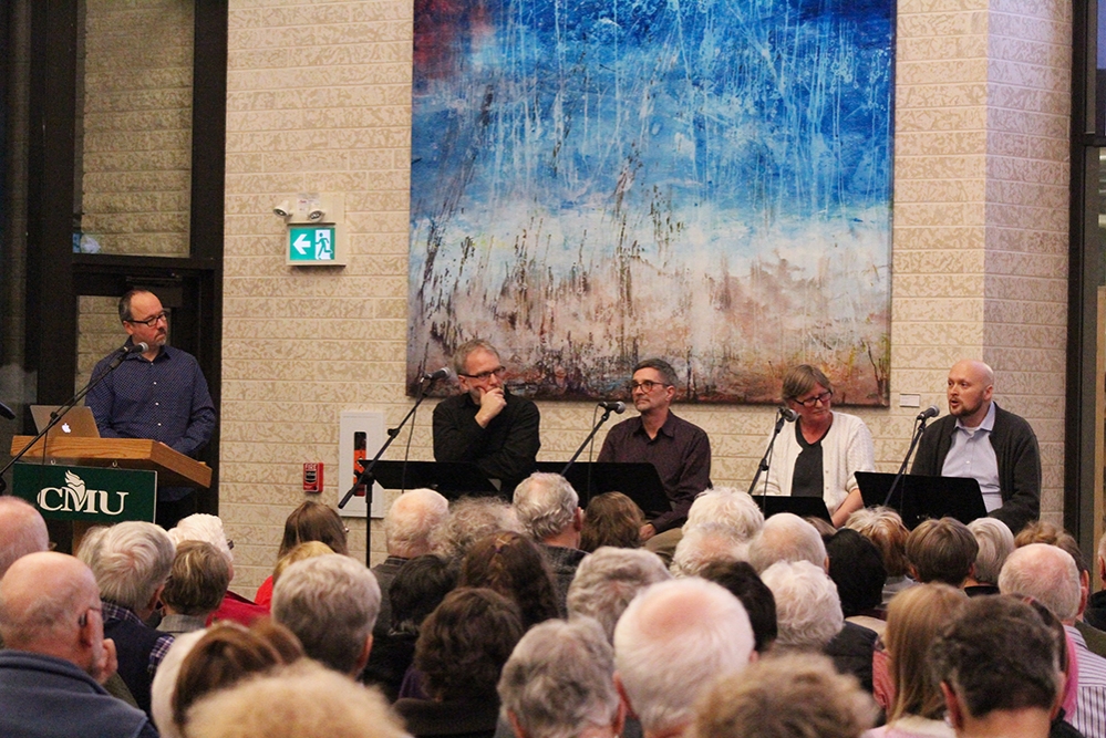 Assistant Professor of Communications and Media David Balzer (left) moderates "Let's Talk about Death...it Won't Kill You"  with panelists Rick Zerbe Cornelsen, Doug Koop, Angelika Jantz, and Michael Boyce Assistant Professor of Communications and Media David Balzer (left) moderates "Let's Talk about Death...it Won't Kill You"  with panelists Rick Zerbe Cornelsen, Doug Koop, Angelika Jantz, and Michael Boyce