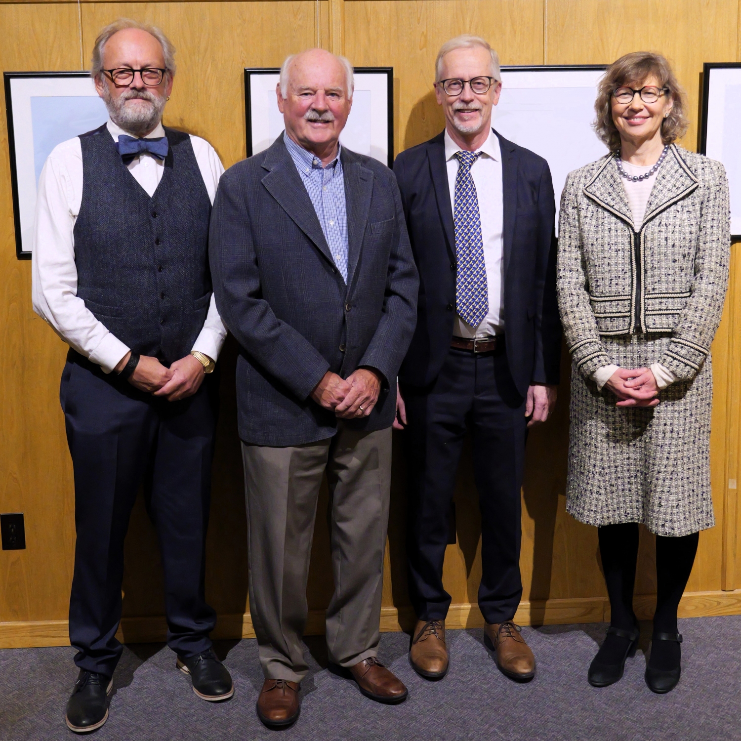 Edwin Redekopp (second from left) and CMU President Dr. Cheryl Pauls (far right) pose with P.M Friesen BTS Co-Chairs Dr. Paul Doerksen and Dr. Andrew Dyck.