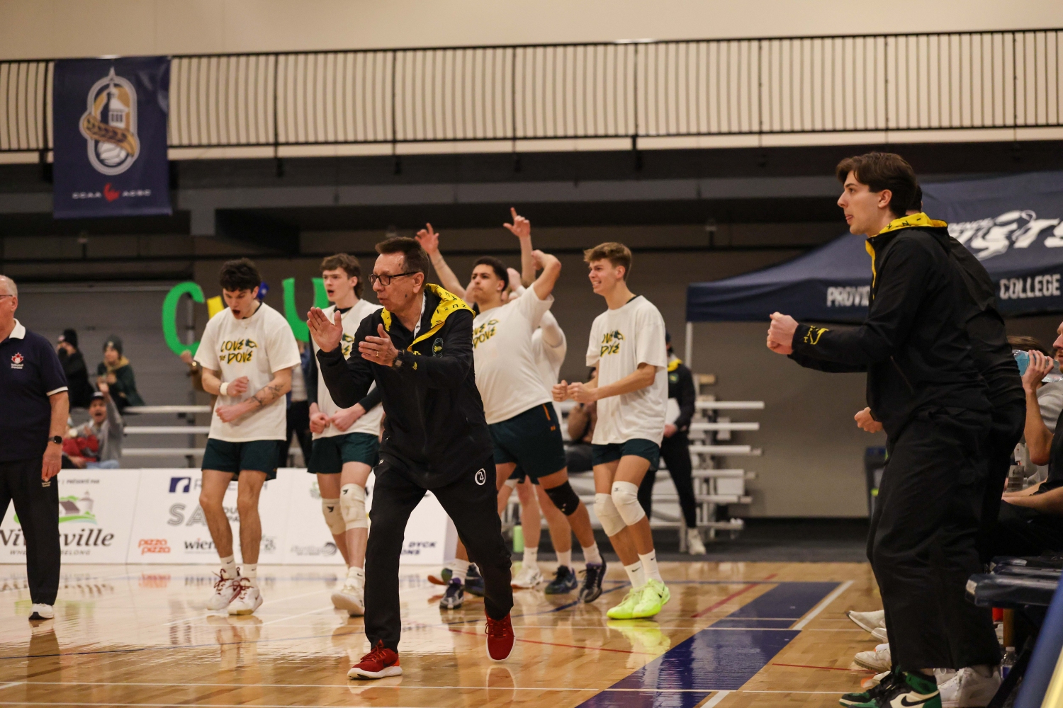 Dulder congratulates his team after a point at the 2025 CCAA Men's Volleyball Nationals Dulder congratulates his team after a point at the 2025 CCAA Men's Volleyball Nationals
