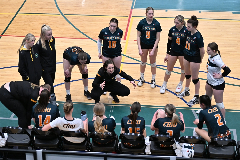 Head Coach Jayme Menzies rallies the Blazers at their CCAA Nationals appearance in 2024. Head Coach Jayme Menzies rallies the Blazers at their CCAA Nationals appearance in 2024.