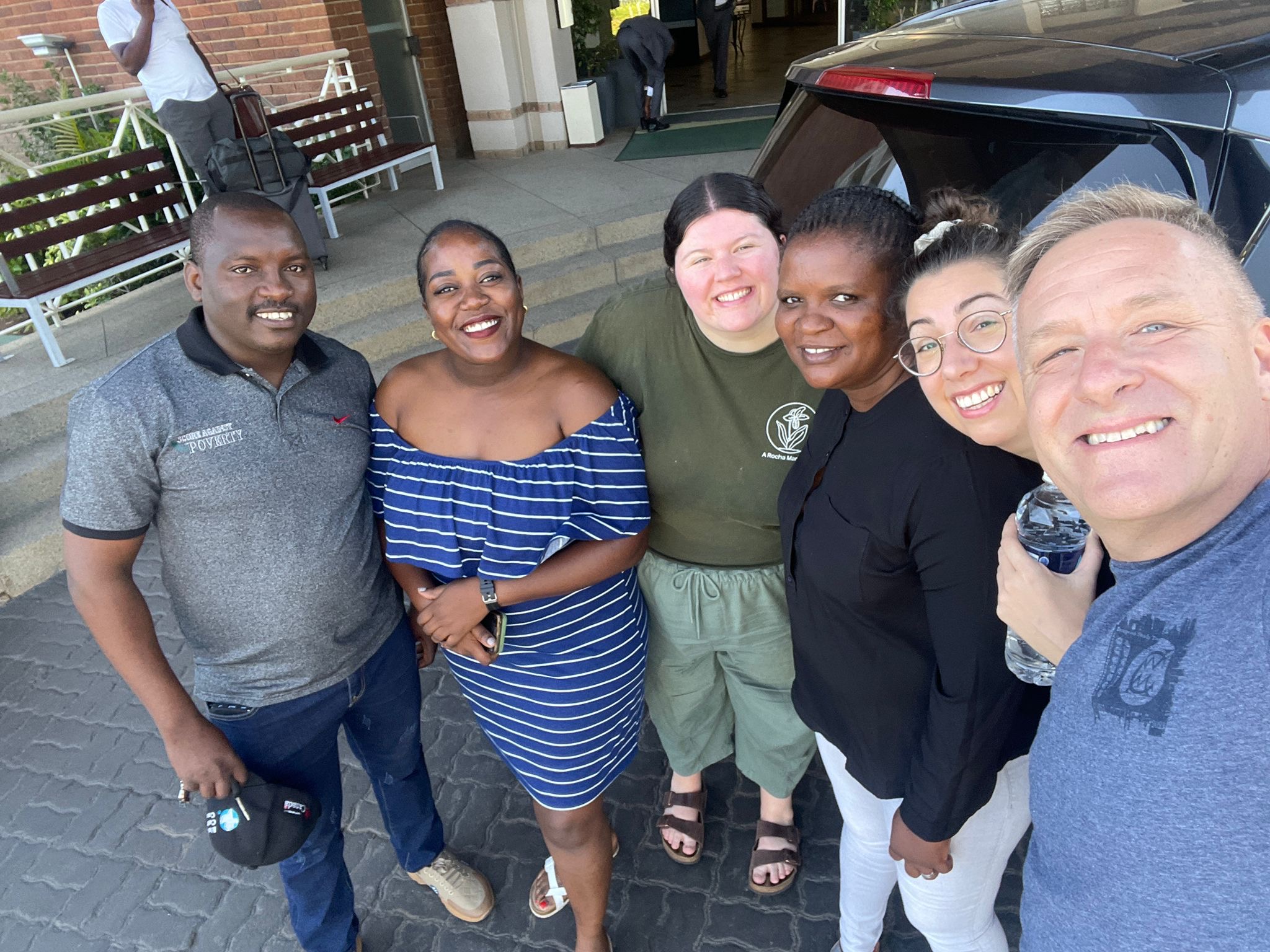 Communications team and Kara's travel companions – from left to right Agree Dube (MCC Zimbabwe), Gamuchirai Bidi (MCC Zimbabwe), Kara LeBlanc, Emilia Makunike (MCC Zimbabwe), Annalee Giesbrecht (MCC Canada), and Darryl Neustaedter Barg.