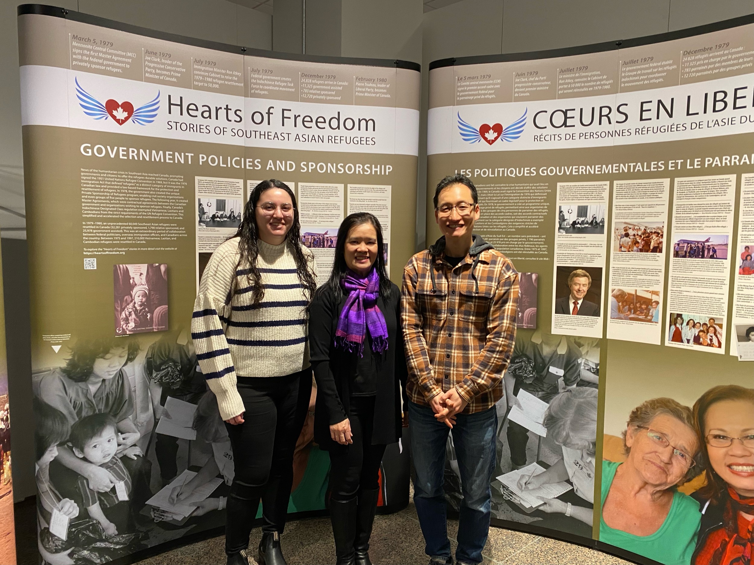 Graduate students Shayne Bloomfield-Wong (Menno Simons College graduate) and Taewook Bae (Canadian Mennonite University graduate) with Stephanie Stobbe