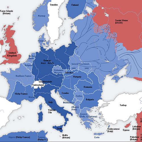 A blue and red map of Europe during World War II