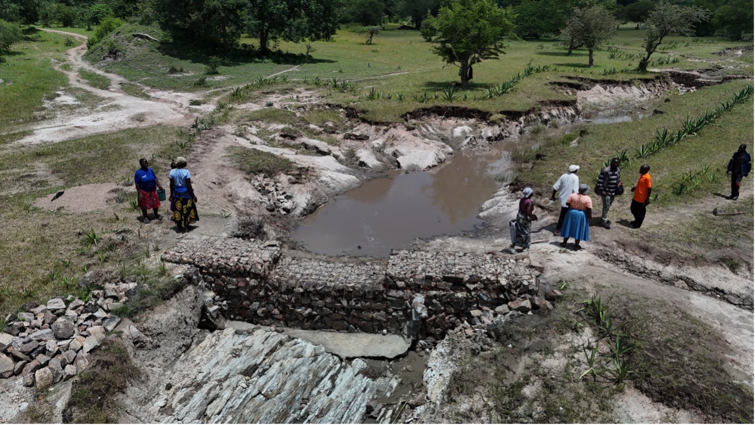 Drone footage view of vegetation and gabion structures at Chikadzi gully in ward 1, Mwenezi. Photo courtesy of MCC Zimbabwe, 2026.