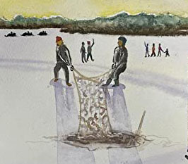 A watercolour painting of two people ice fishing with a net on frozen ice with snow all around