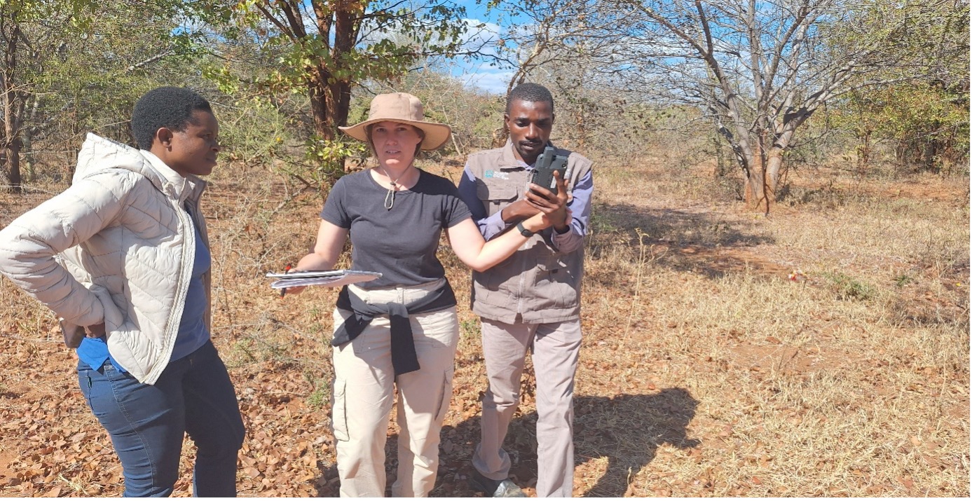 Score Against Poverty staff members Rosemary Chibi, Nature-based Solutions Officer, Dr. Natalia Wiederkehr, and Ashton Mahachi, Community Biodiversity Lead, during practical GPS training in Mwenezi District.