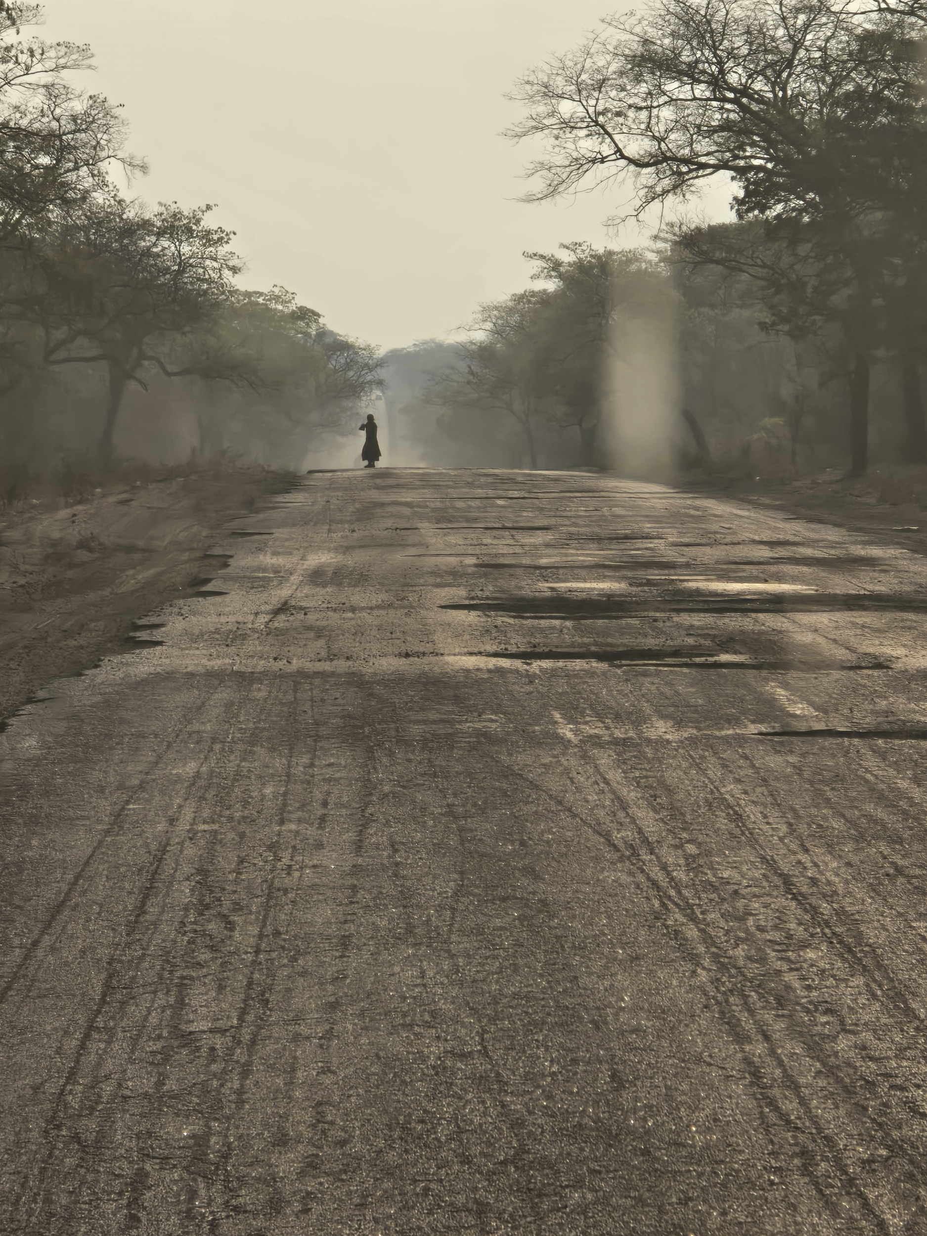 A person walks alone on a wide, Zimbabwe road under a hazy sky. The road stretches into the distance, flanked by forest on both sides.