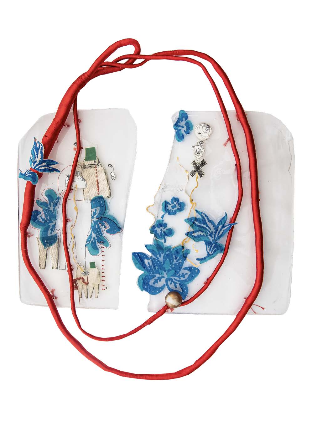 Mixed-media artwork featuring looping red cords draped across two translucent white panels decorated with blue floral motifs, stitched figures and a small gold bead.